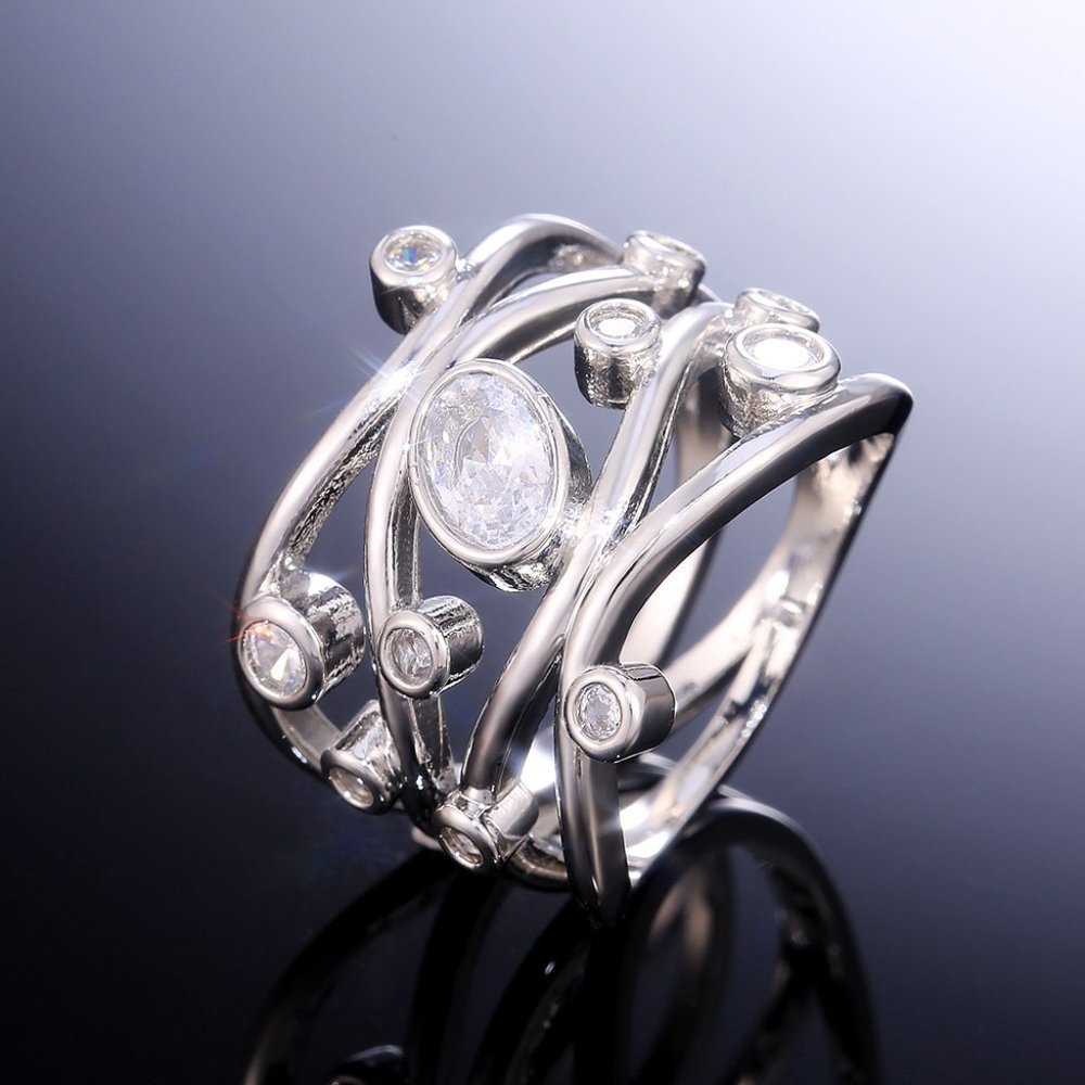 💞 Multi Layer Stackable Wave Water Drop White Oval Zircon Rings Women, PD225 - Picture 3 of 6